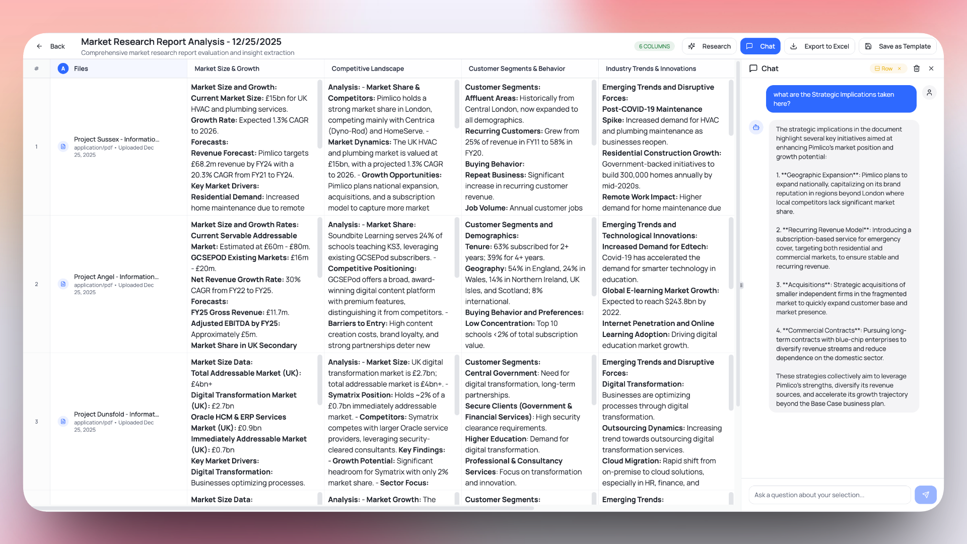 Chat sidebar answering a question about documents